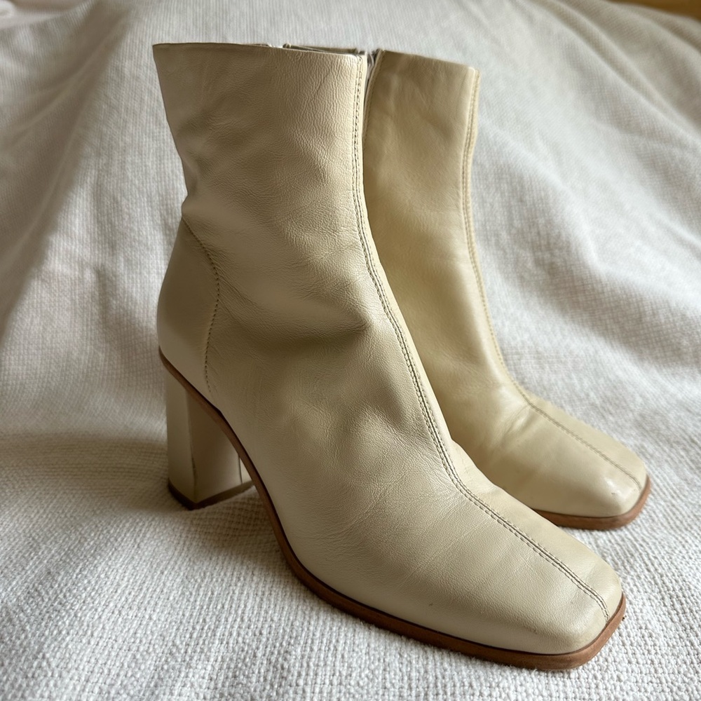 Free People Cream Leather Booties with Wood Detail